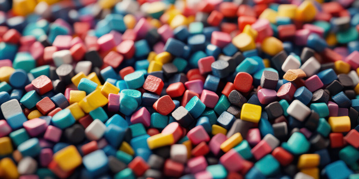 Colorful plastic pellets for recycling promoting reuse and separate waste collection in plastic manufacturing. Concept Plastic Pellet Recycling, Reuse Initiative, Waste Collection Recycling of polythene using Trademark Polythene in the UK