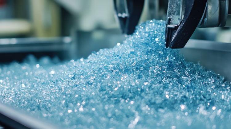 Optical granules produced in the final stage of the plastic recycling process showcasing vibrant blue colors and precision machinery.