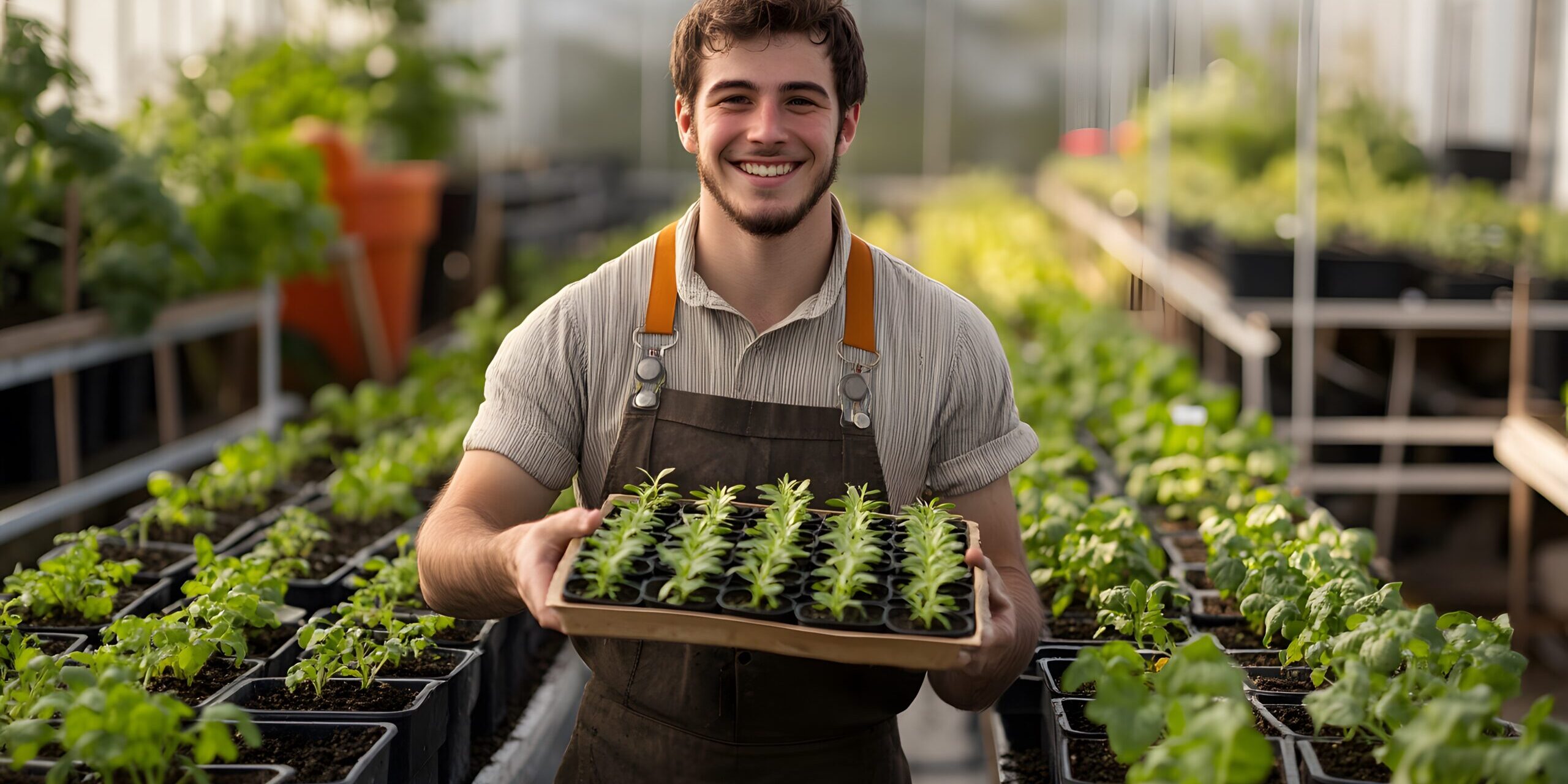 Smiling young gardener holds tray of seedlings in greenhouse