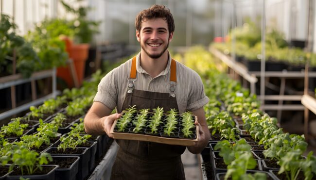 Smiling young gardener holds tray of seedlings in greenhouse